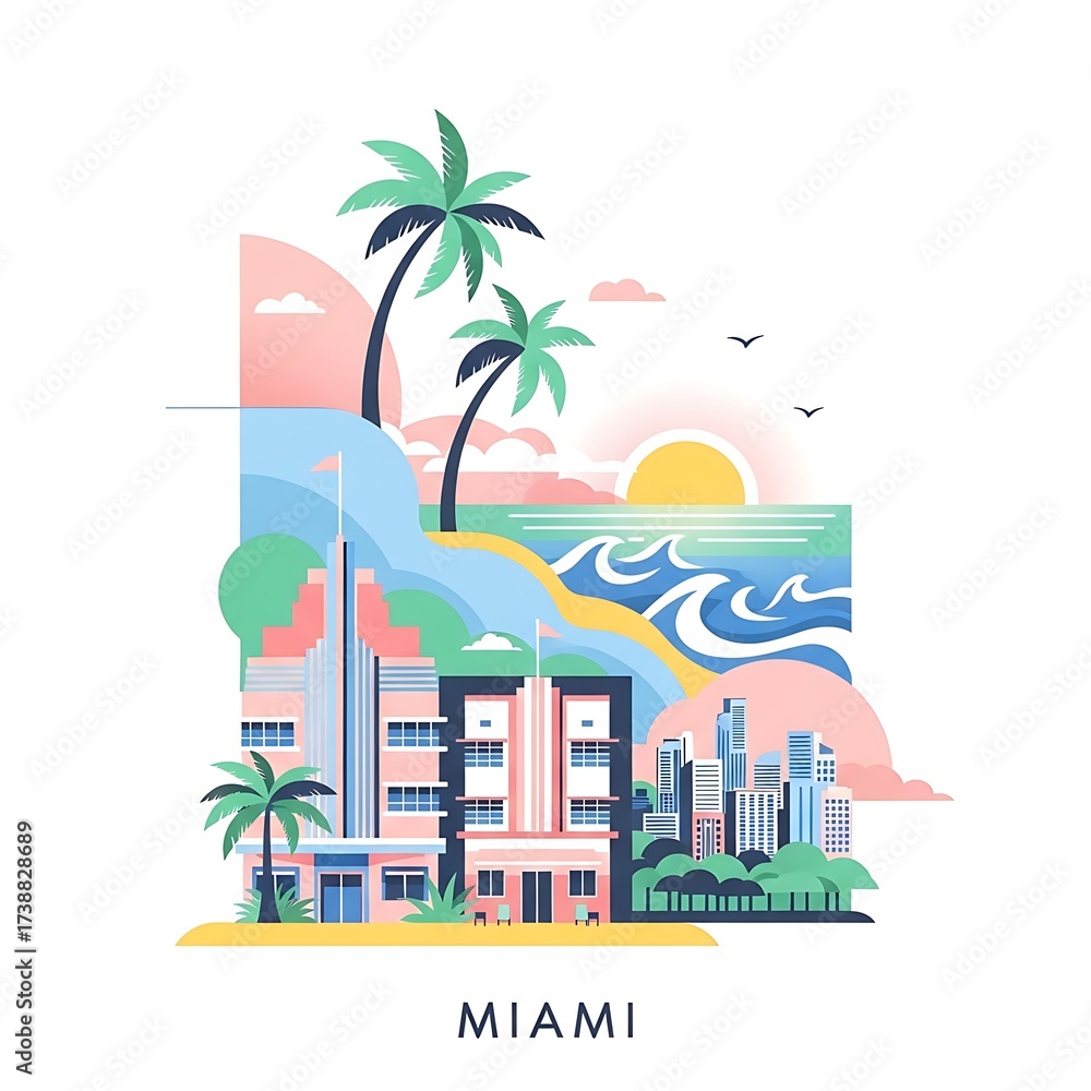 Fototapeta premium Miami Beach Cityscape Illustration.