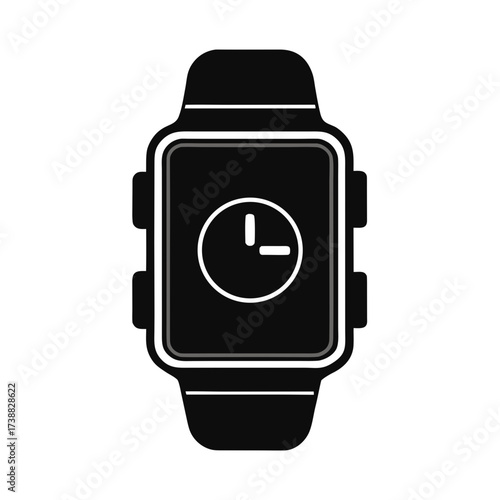 Illustration of a black smartwatch with a white clock face displaying the time at three o'clock