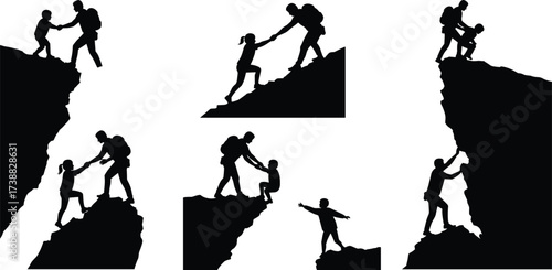 Silhouette of hikers helping children climb steep mountain cliffs, teamwork support, outdoor adventure, cooperation, trust, success, friendship, challenge, exploration illustration