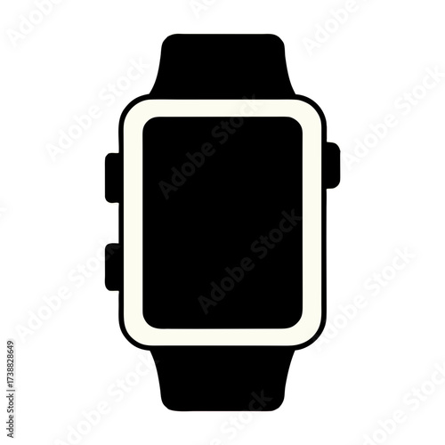 Illustration of a black and white smartwatch with a rectangular face and two side buttons displayed