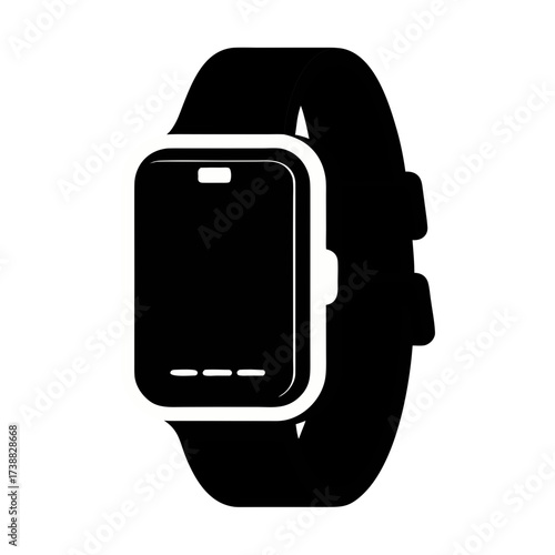 Illustration of a black smartwatch with a rectangular face and a thick band on a white background