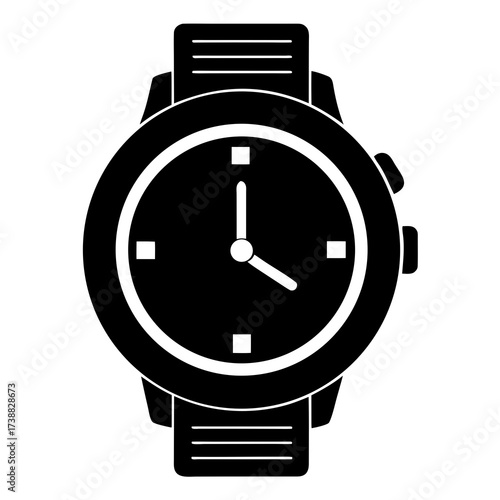 Illustration of a wrist watch with a round face and a band showing the time with hour and minute hands