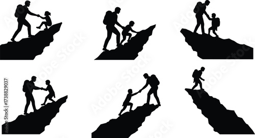 Silhouette of hikers helping children climbing mountain, teamwork support, outdoor adventure, trust cooperation, success friendship, exploration challenge, mountaineering assistance illustration