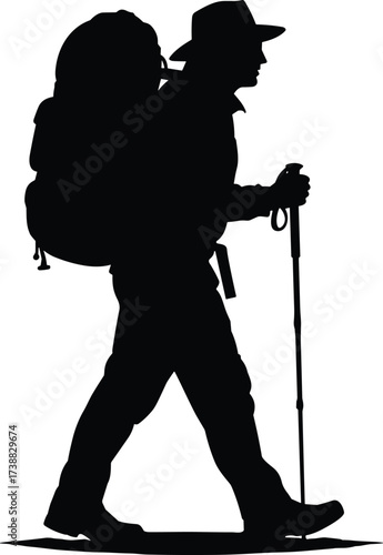 Silhouette of male hiker with backpack and trekking pole, walking outdoors, mountain explorer, adventure travel, hiking journey, camping expedition illustration