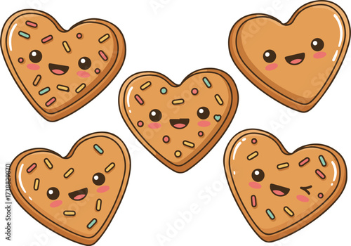 Heart shaped cookies with smiling faces cartoon illustration. World Kindness Day