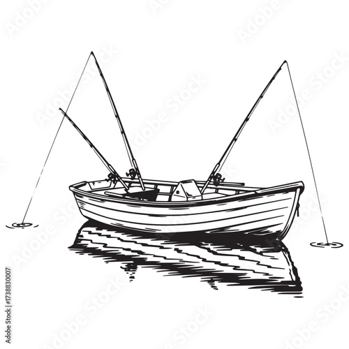Small Fishing Boat with Multiple Rods and Reflection