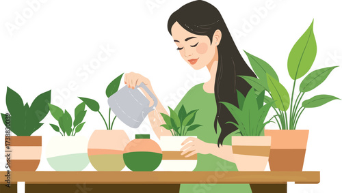 Young woman watering her indoor plants with care and dedication.