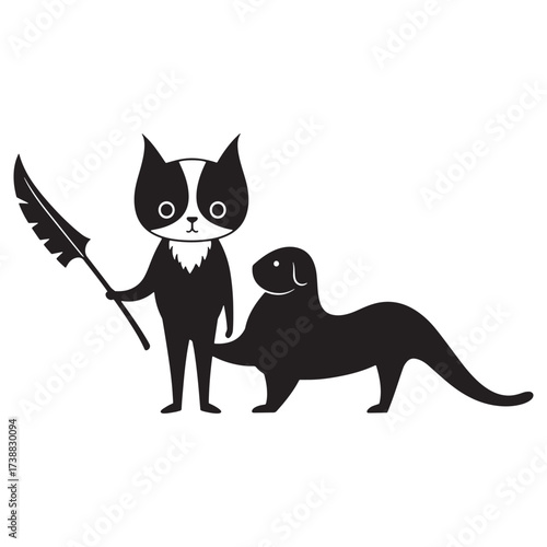 Stylized cat holding a spear with a dog illustration