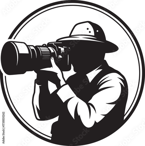 Silhouette of a photographer with a camera and telephoto lens in a circular frame.