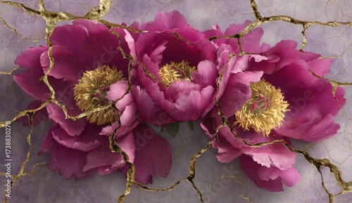 Fototapeta Naklejka Na Ścianę i Meble -  Vibrant pink peonies with gold-filled cracks against a mottled purple background