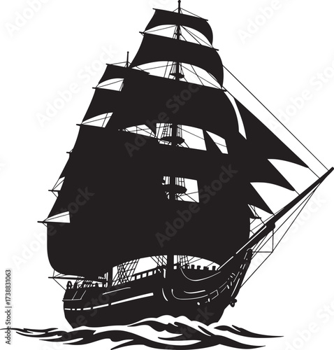 Majestic Tall Ship Silhouette Sailing on the Open Sea.