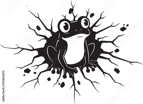 Cute frog peeking through a cracked hole in a wall.