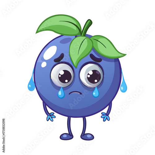 Sad wet cartoon blueberry character with big eyes and drooping stem