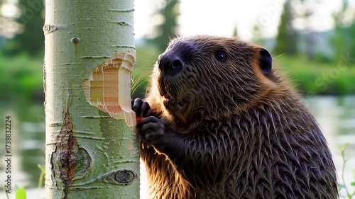 Close-up of an industrious wild beaver skillfully gnawing on a tree trunk showcasing its powerful teeth and natural engineering vital for dam building in its ha