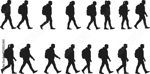 Silhouette people walking with backpacks, outdoor travelers, trekking group illustration, hiking adventure, journey exploration, backpack silhouettes, nature travel design, vector