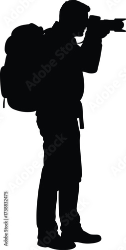 Silhouette traveler photographer with backpack taking picture, hiking outdoor photography adventure, exploring nature, capturing journey moments, tourist man with camera gear