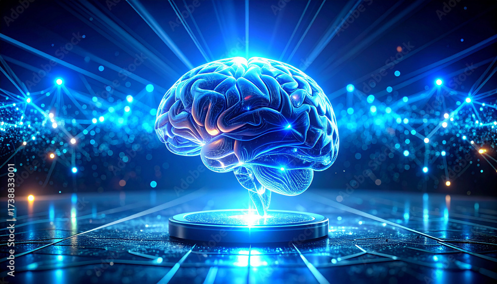 Obraz premium Digital Brain: A vivid and mesmerizing illustration of a digital brain, radiating with vibrant energy and intricate network connections.