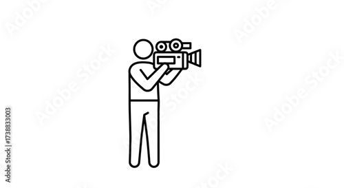Simple line drawing of a person filming with a vintage video camera, capturing footage.
