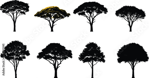 Black tree silhouettes collection with natural details, abstract forest design, eco friendly vector artwork for decoration, seasonal nature illustration, landscape design