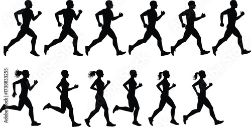 Silhouettes of men and women running, fitness training illustration, jogging workout vector, athlete marathon exercise, healthy lifestyle sports activity design.