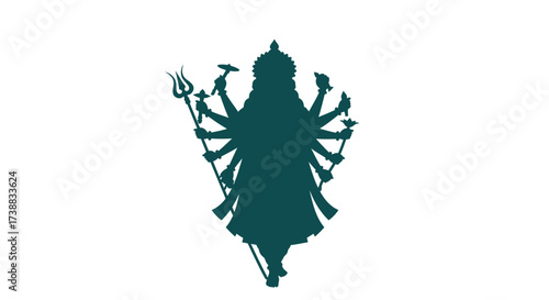 Silhouette of a multi-armed deity, possibly Durga, holding various weapons and symbols, against a white background.