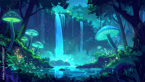 Magical forest waterfall at night. Enchanted glowing mushrooms scenery. Fantasy jungle with bright waterfall. Dreamy magical night forest view. Mystical river waterfall illustration