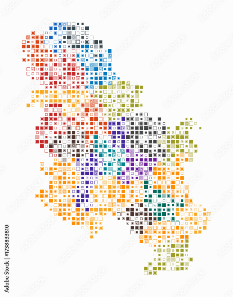 Fototapeta premium Serbia, shape of the country build of colored cells. Digital style map of the Serbia on white background. Small size square blocks. Vibrant vector illustration.