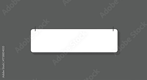 A rectangular, white sign suspended by thin strings against a dark gray background.