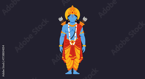 A stylized illustration of the Hindu deity Rama, depicted with traditional attire and attributes, standing upright.