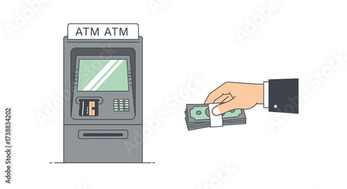 Illustration depicts an ATM machine and a hand holding cash.
