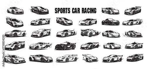 Large black and white collection of sleek, modern sports and racing cars in dynamic views. Vector illustration set.