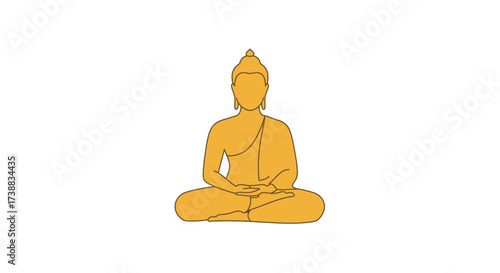 Golden Buddha illustration in lotus position, meditating with hands resting in lap, on a white background.
