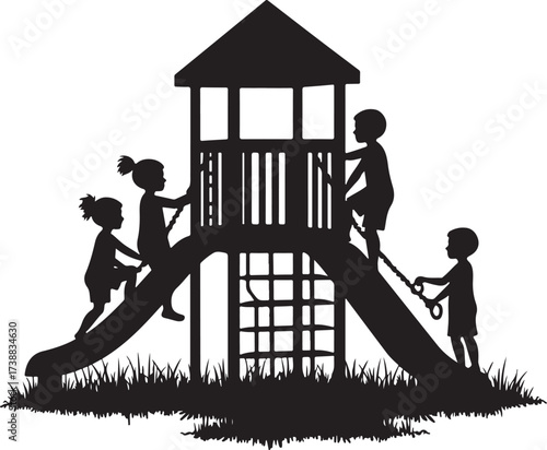Black silhouette of children playing on a playground structure