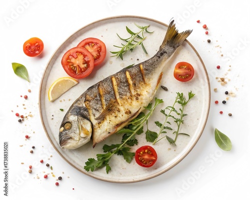 Grilled Fish with Tomatoes and Herbs on White Plate Top View