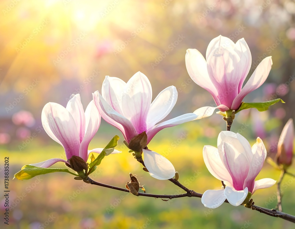 Fototapeta premium Beautiful Blooming Magnolia Flowers Branch Under Sunlight, Spring Season Concept