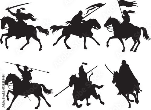 Silhouettes of medieval knights on horseback in battle poses