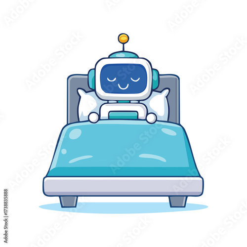 A cute robot is dreaming peacefully in his bed. He has a peaceful expression on his face with a calm emotion and a friendly expression