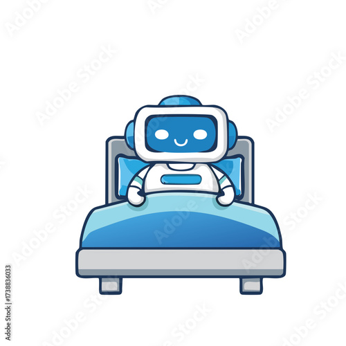 A cute robot comfortably resting in a bed, ready for a good night's sleep. The robot has a friendly expression, adding a touch of warmth to the scene