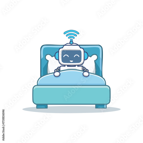 A cute robot happily lying in a cozy bed, getting ready to sleep