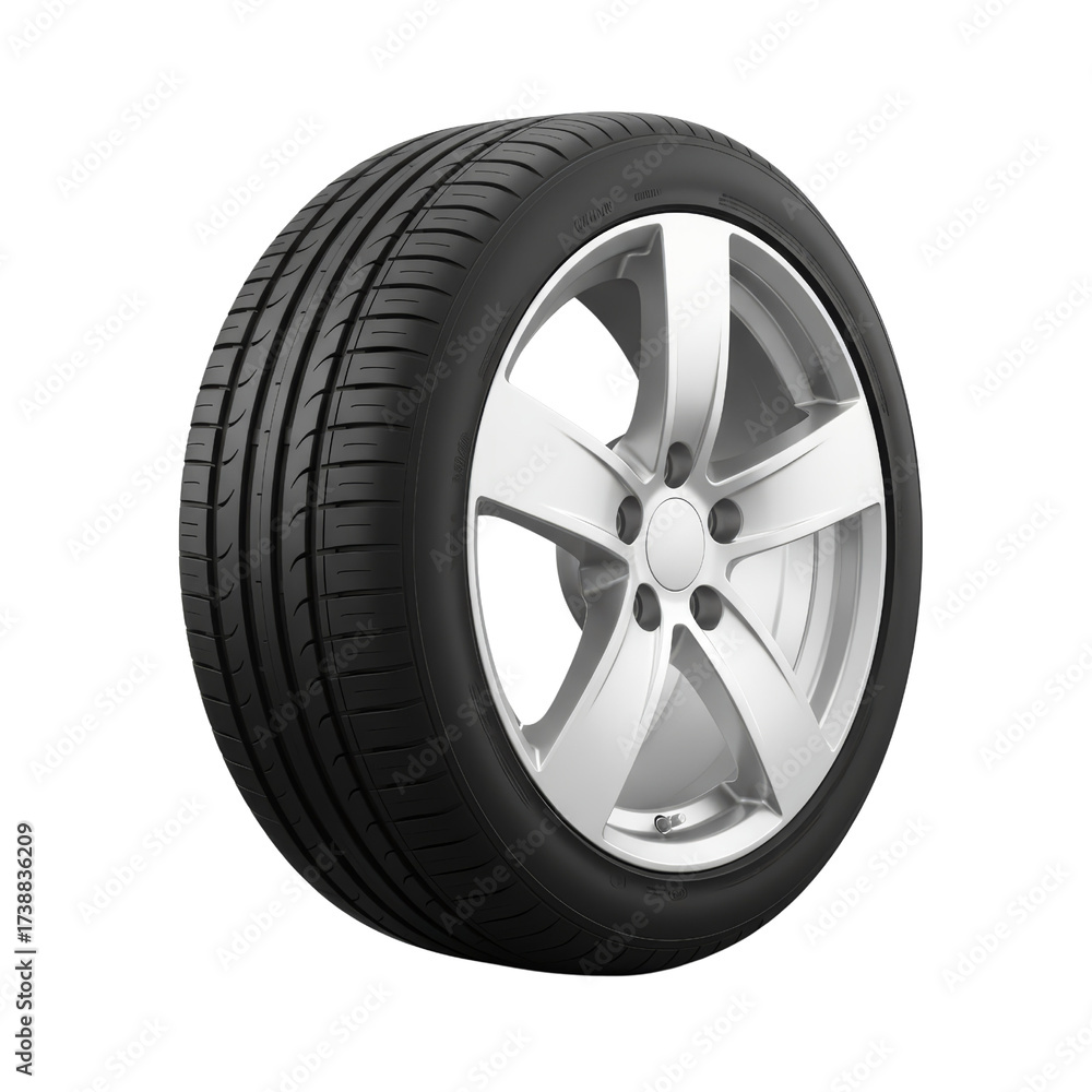 Fototapeta premium Detailed automotive tire showcase with radial design and metallic wheel on pure white canvas