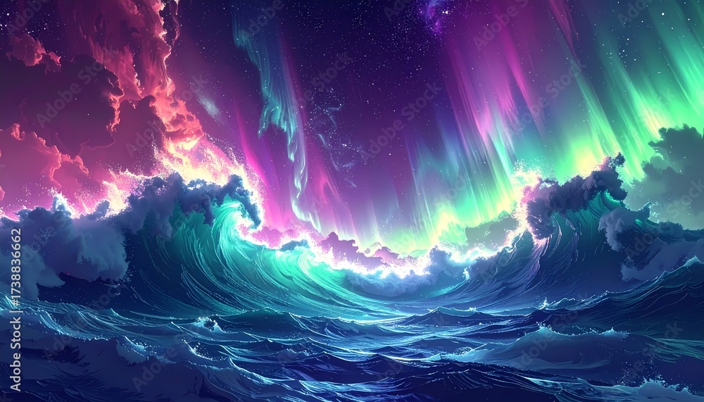 Fototapeta premium Vibrant Aurora Borealis Over Raging Ocean Waves at Night.