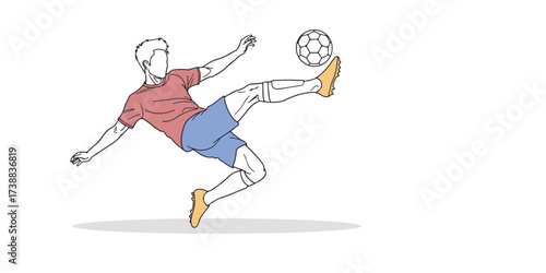 Minimal line art and flat color illustration of a soccer player performing a bicycle kick action, athletic movement, and football game design for competition, training, and teamwork themes.