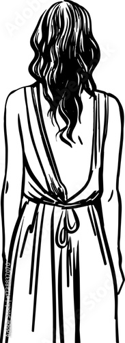 Ink drawing of a womans back in a draped dress