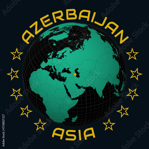 Azerbaijan on Globe. Round country and continent name text. Country view on world map in Black Emerald color palette. Azerbaijan shape on map. Artistic vector illustration.