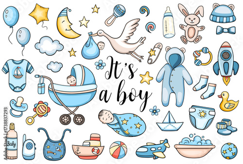 Its a boy baby shower illustration with blue accents