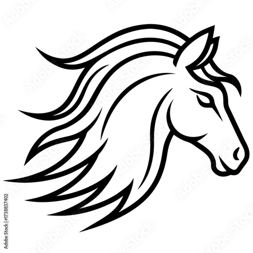 Stylized horse head with flowing mane vector illustration in black and white graphic design format