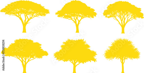 Yellow tree silhouettes collection with detailed branches and foliage, abstract natural vector design, eco friendly artwork for decoration, nature illustration