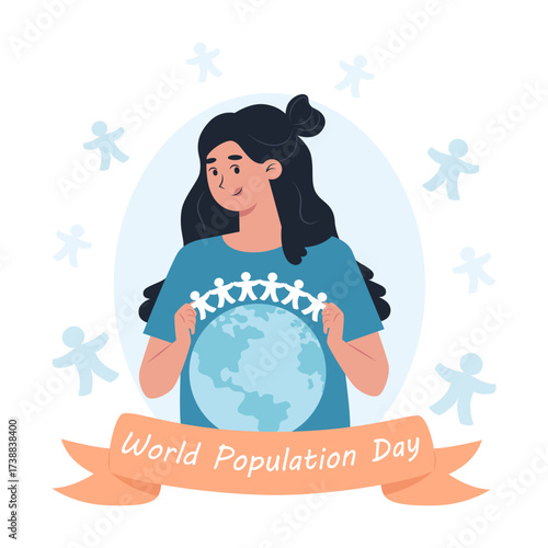 Illustration of a woman holding a globe with paper cutouts of people around her