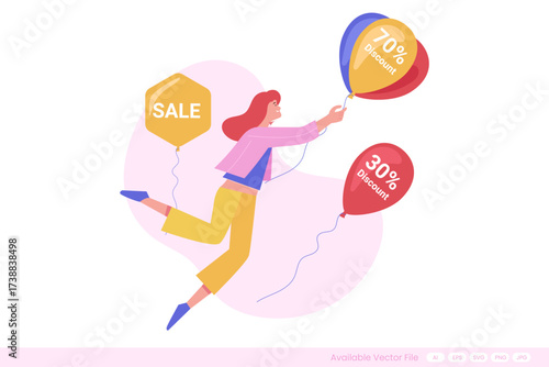 Illustration of a woman holding balloons with discounts