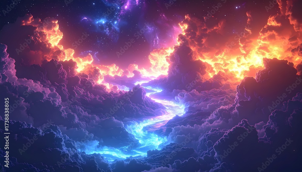 Fototapeta premium Vibrant Cosmic River Flowing Through Nebulous Clouds.